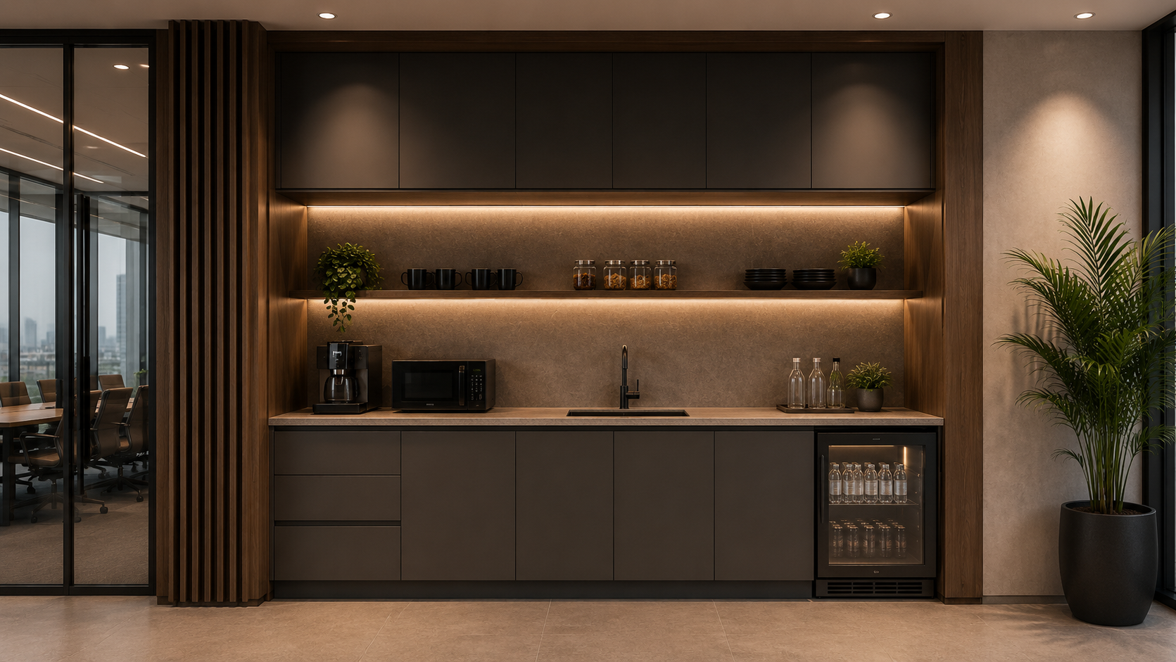 Green corporate wet pantry kitchen setup